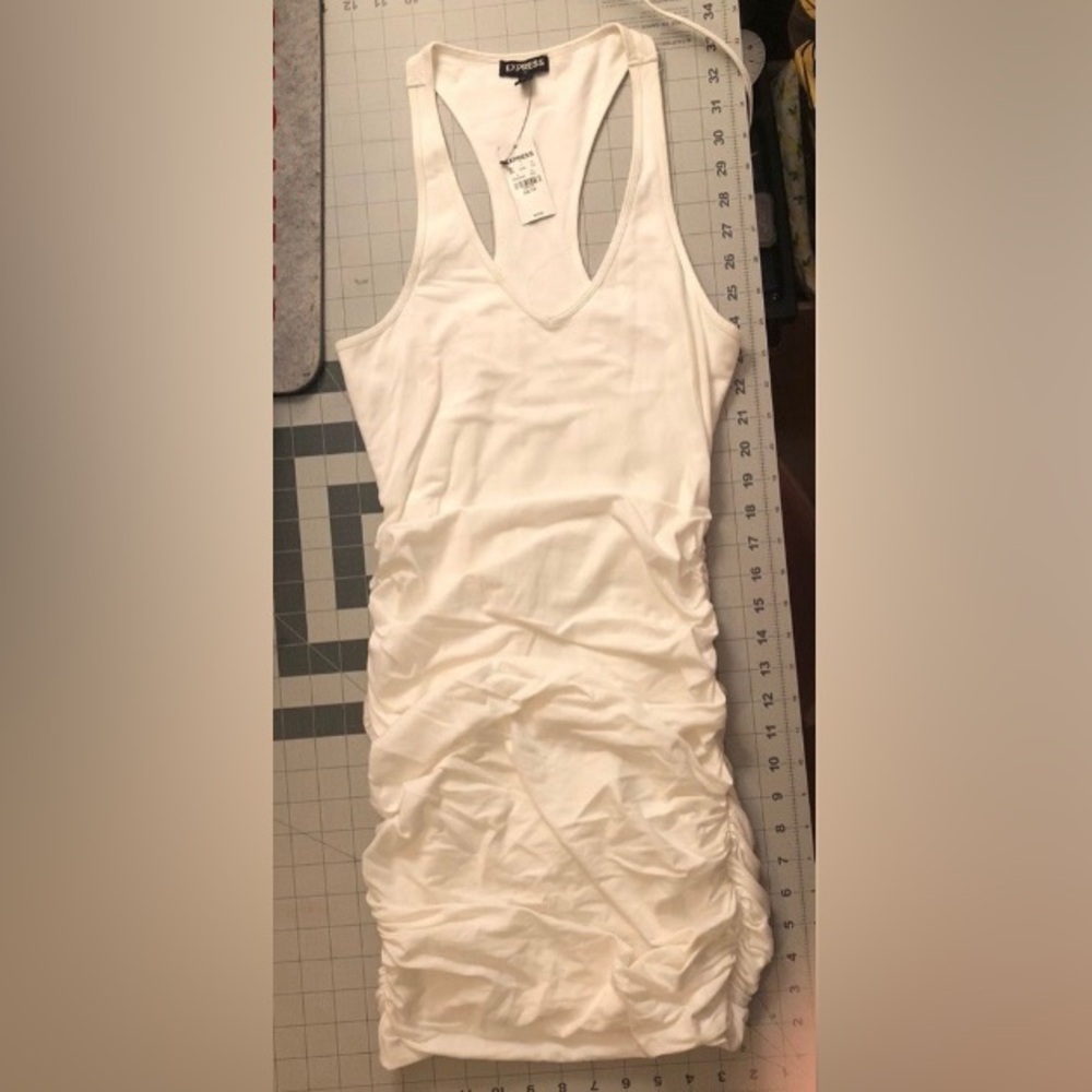 NWT Express Size X-Small White tank racer back dress with side ruching.